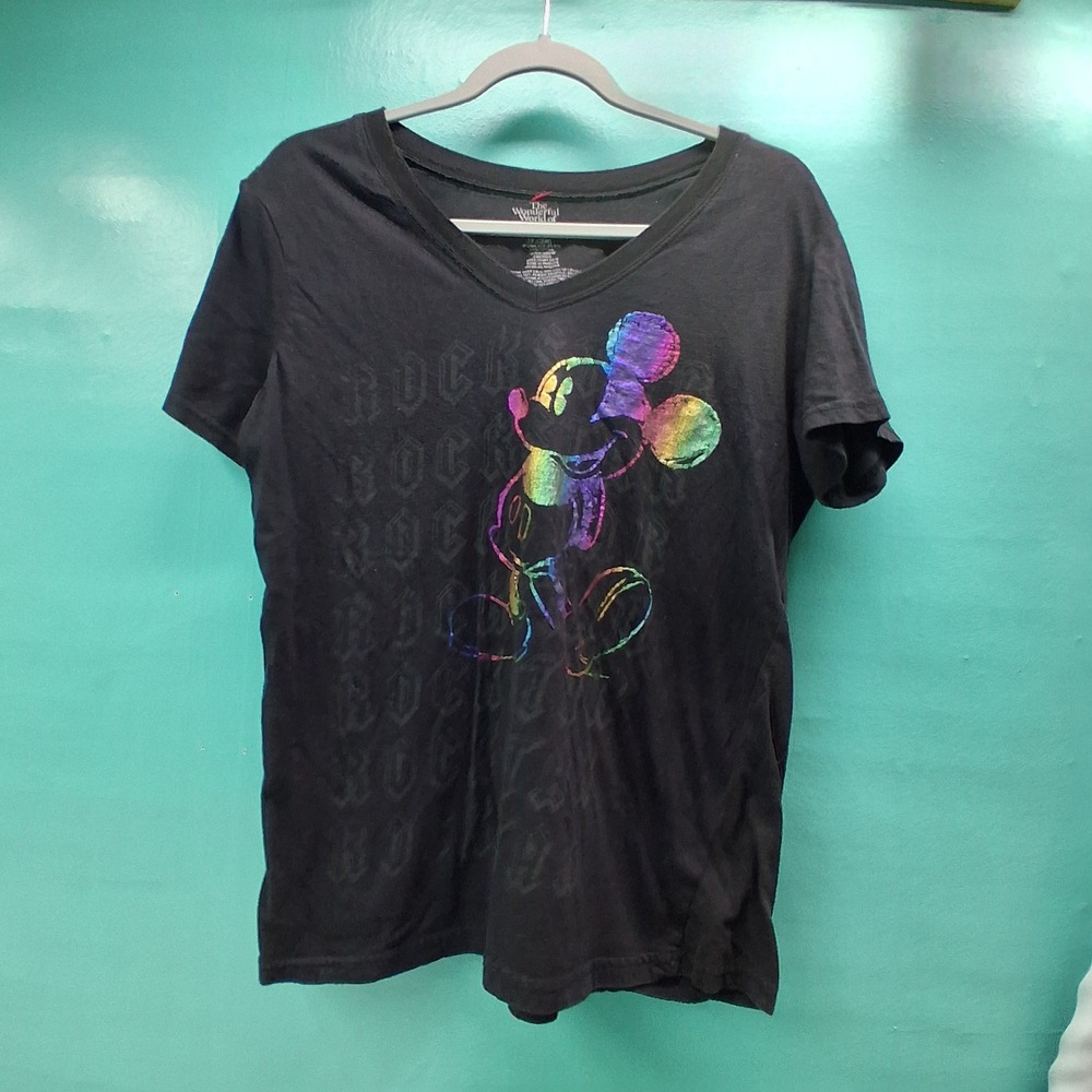 Disney Mickey Mouse T-Shirt 1X Black Rainbow Foil Rock Graphic V-Neck Tee